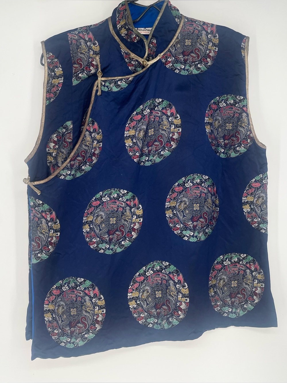 Vintage Charitrust Royal Blue Jacquard Satin Dragon Design Asian Vest Top